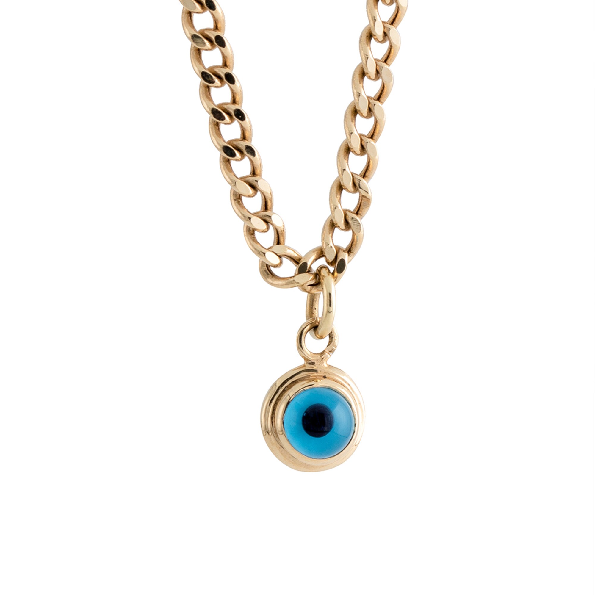 14k Solid Gold Evil Eye Necklace With Cuban Chain 14k Gold Etsy