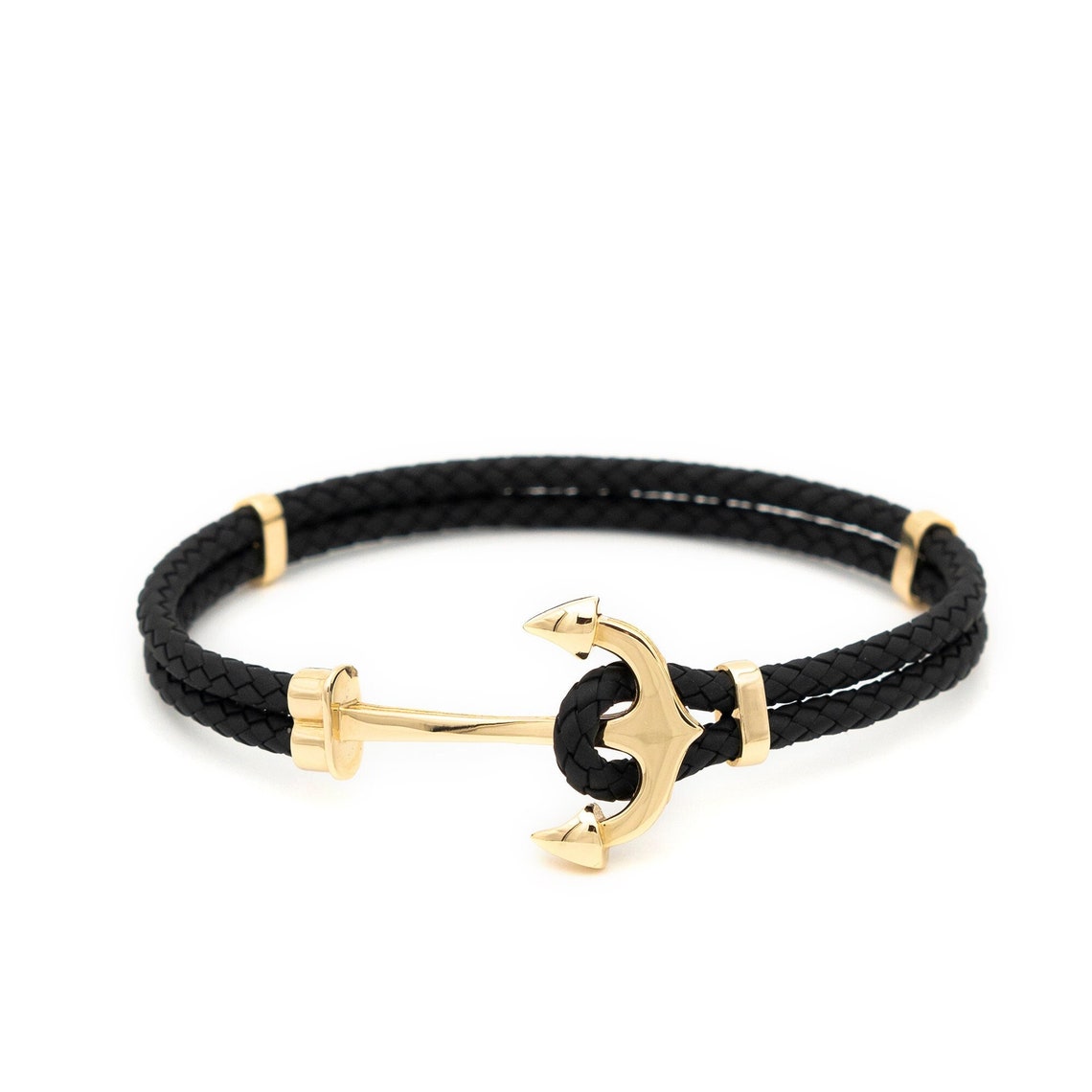 14K Men's Gold Anchor Bracelet Black Rope Men Solid Gold - Etsy