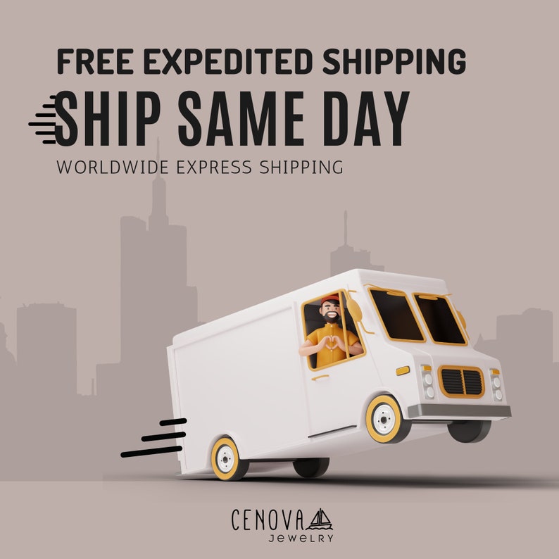 May include: A white delivery truck with a smiling driver making a heart shape with his hands. The truck is flying through the air with a city skyline in the background. The text "FREE EXPEDITED SHIPPING SHIP SAME DAY WORLDWIDE EXPRESS SHIPPING" is at the top of the image. The text "CENOVA JEWELRY" is at the bottom of the image.