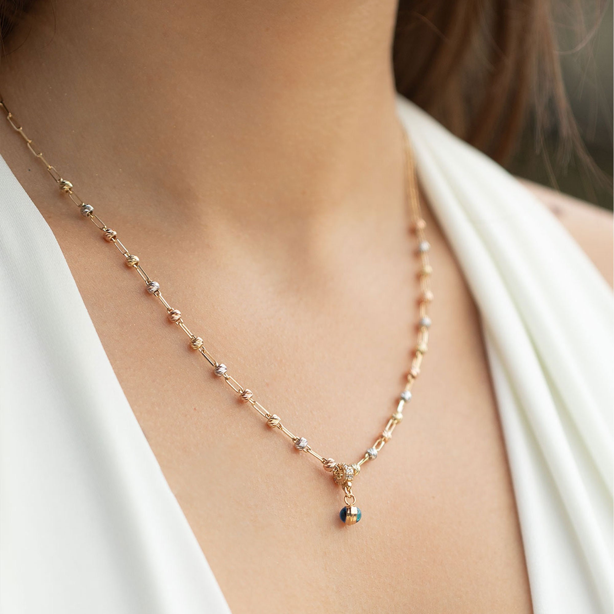 14K Gold Evil Eye Necklace in Paperclip Chain, 3D Small Eye Pendant with Three Color Balls, Rose Yellow White Gold Chain, Three Toned Chain