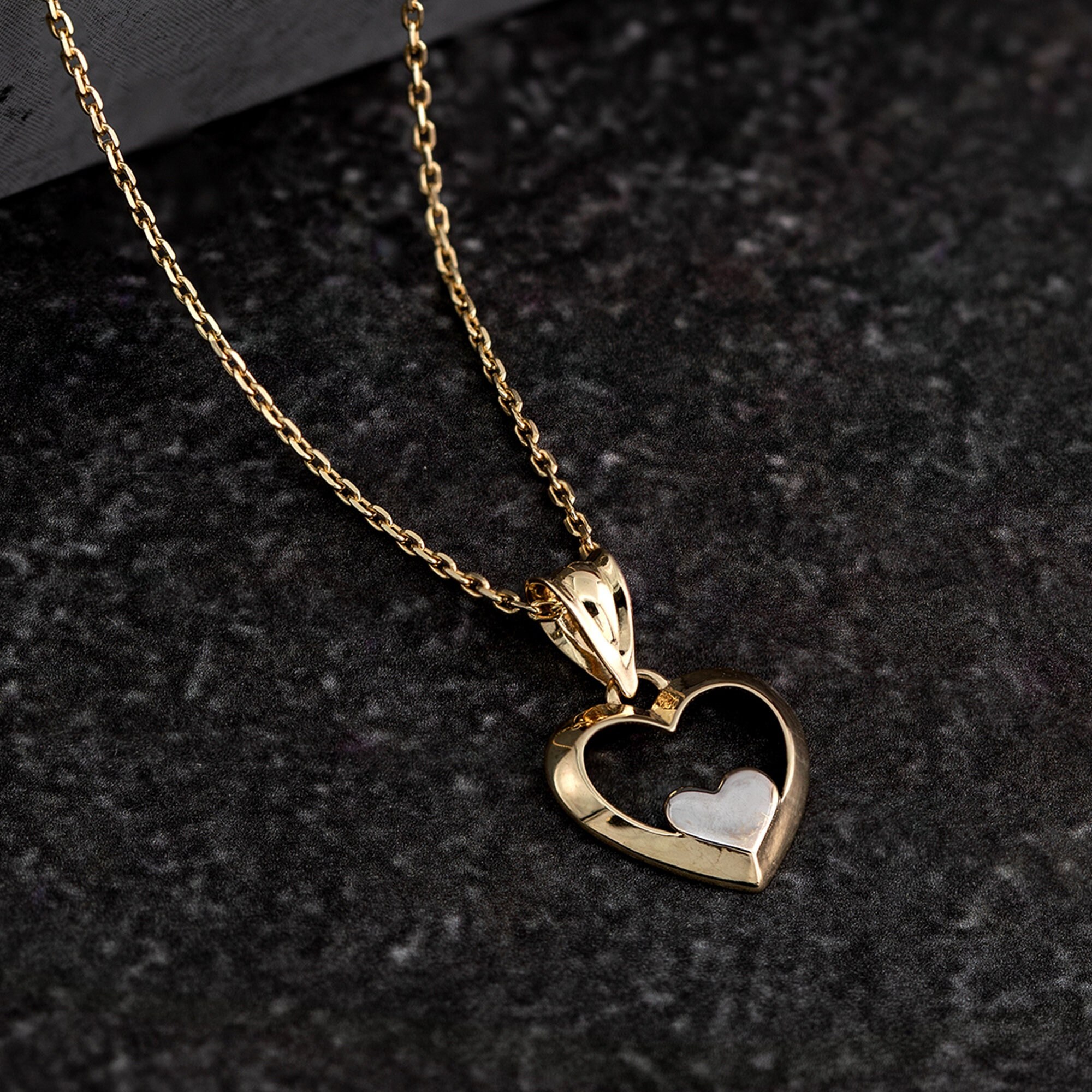 【14K】(14金) unbalance open Heart Necklace ハートネックレス Two Toned Heart Pendant in 14K Solid Gold, Yellow Gold Open
