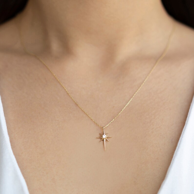 14k Solid Gold Pole Star Necklace, North Star Necklace, Real Gold Star Necklace, Birthday Gift, Anniversary Gift, Gift For Girlfriend image 4