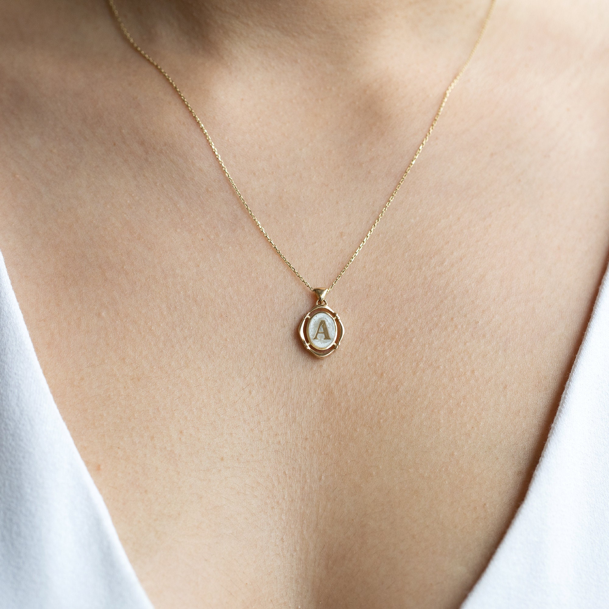 14k Gold Enamel Letter Necklace / Handmade Pearl Color Enamel Etsy UK