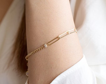 Real 14k Yellow Gold Paperclip Chain Bracelet 15mmx4mm, Women, Fancy Gold Bracelet, 14k Yellow Gold, Mother's Day Gift