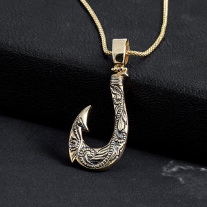 14K Solid Gold Fish Hook Necklace, 14k Yellow or Rose Gold, Modern Fine Jewelry, Sailor Man&#39;s Pendant, Men Gold Necklace, Gift for Him