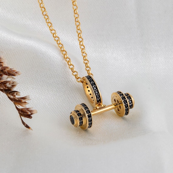 14K Real Gold Barbell Pendant Necklace, Fitness Gym Jewelry, Athlete Gift