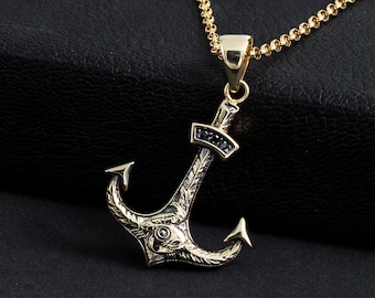 Solid Gold Anchor Necklace - 14k Yellow or Rose Gold, Trendy Fine Jewelry. Nautical Anchor Men&#39;s Pendant, Men Gold Necklace, Gift for Him