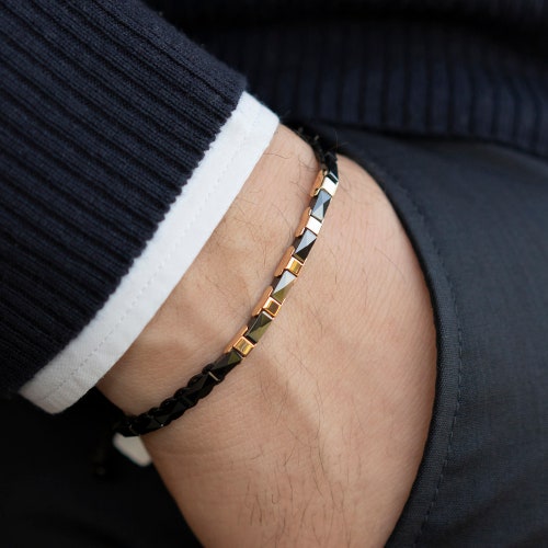 14K Real Gold Men's Gold Bracelet Black Rope Men Bracelet Etsy