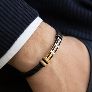 14K Real Gold Men's Gold Bracelet, Black Rope Men Bracelet for Daily Use, Yellow Solid Gold Men Jewelry