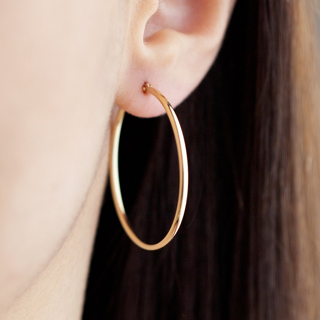 Thin Hoop Earrings with Rondelle Beads - Gold Plated