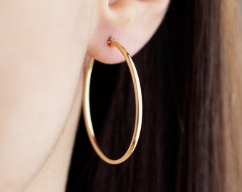 May include: Gold hoop earrings worn in a person's earlobe.
