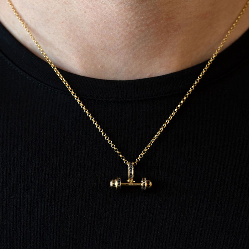 14 kt echt gouden hanger met lange halter, fitness-sieraden, atleetcadeau afbeelding 4