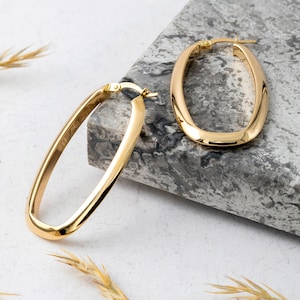 Real Gold Rectangular Shape Large Hoop Earrings, 14K Yellow Gold Large Geometric Earrings, Statement Gold Earrings, Big Chunky Hoops