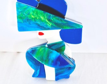 Art Deco Woman Brooch, Acrylic Pin, Glamorous Costume Jewelry
