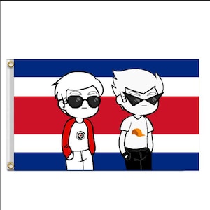 Peut inclure: Deux personnages de dessin animé se tiennent devant un drapeau costaricain. Le personnage de gauche porte une chemise rouge et blanche avec un cercle noir sur la poitrine. Le personnage de droite porte une chemise blanche avec un chapeau jaune.