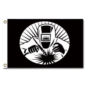 May include: Black and white illustration of a welder wearing a welding mask and holding a welding torch. The welder is surrounded by sparks and light.