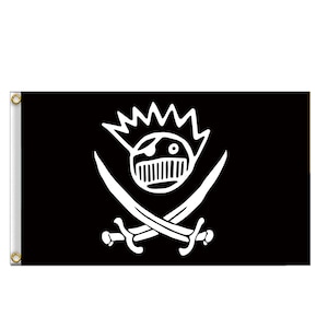 Puede incluir: Una bandera negra con un diseño de calavera y huesos cruzados blancos. La calavera tiene un mohawk y un parche en el ojo. El texto "The Mighty Mighty Bosstones" está escrito debajo de la calavera.