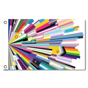 May include: A colorful flag with a variety of stripes and symbols representing different identities. The flag is designed in a radial pattern with the stripes radiating outwards from the center.