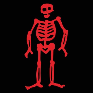 May include: A red skeleton illustration on a black background. The skeleton is standing with its arms at its sides.