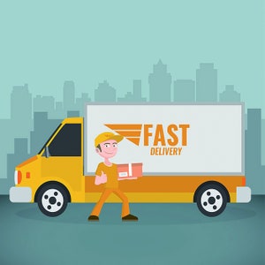 May include: A yellow delivery truck with the words "FAST DELIVERY" on the side. A delivery driver in a yellow uniform is standing next to the truck and holding a brown box.