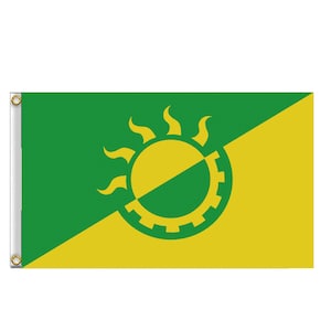 May include: A green and yellow flag with a stylised sun and gear design in the centre. The sun is yellow with green rays and the gear is green.