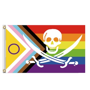 May include: A rainbow pride flag with a skull and crossbones in the center. The flag is made up of six horizontal stripes: red, orange, yellow, green, blue, and purple. The skull and crossbones are white and are centered on the flag. The flag is a symbol of pride and resistance for the LGBTQ+ community.