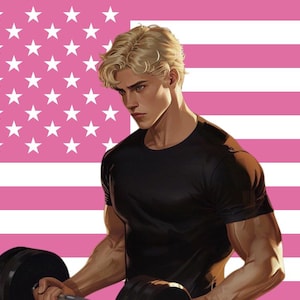 Peut inclure: Illustration numérique d'une personne soulevant des poids, sur fond de drapeau américain rose et blanc. La personne, aux cheveux blonds, porte un t-shirt noir. L'haltère est noir.