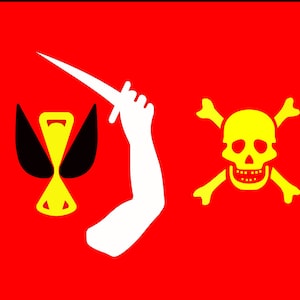 Puede incluir: Bandera roja con un brazo blanco sosteniendo una daga, una calavera amarilla con huesos cruzados y un emblema negro y amarillo. El diseño es audaz, con un tema pirata.