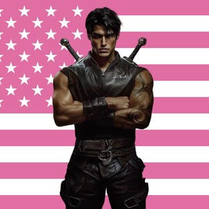 Peut inclure: Illustration numérique d'une personne aux bras croisés, vêtue d'un gilet et d'un pantalon en cuir noir, avec deux épées sur le dos. Le fond est un drapeau américain rose et blanc.
