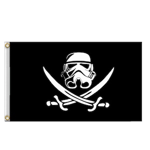 May include: A black flag with a white skull and crossbones. The skull is a Star Wars Stormtrooper helmet.