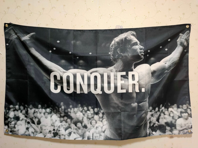 Arnold Schwarzenegger Conquer Gym Flag Any Size Motivation Body Building Wall Hanging Decoration Tapestry Bodybuilding workout fitness image 1