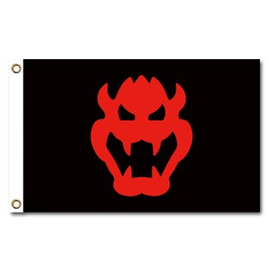 Peut inclure: Un drapeau noir avec une silhouette rouge de la tête de Bowser.