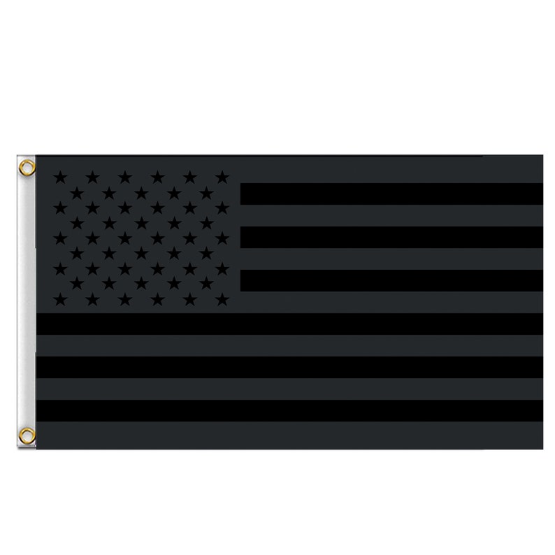 May include: Black and white American flag with a dark gray background. The stars are in the canton and the stripes are horizontal.
