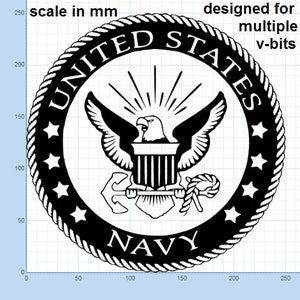 Könnte beinhalten: Schwarzweißes Grafikdesign des Siegels der US Navy. Das Siegel zeigt einen Adler mit einem Schild, einem Anker und einem Seil. Der Text "UNITED STATES NAVY" ist um das Siegel herum geschrieben.