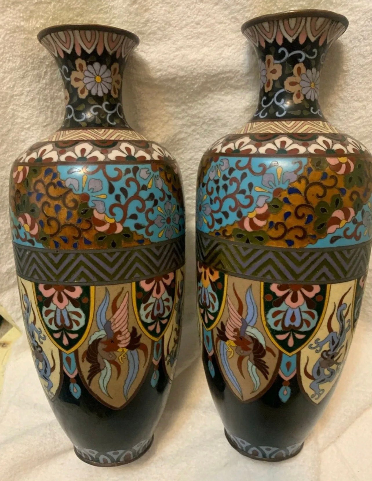 Pair of 19th century vase cloisonné dragon bird motif Japan