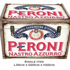 May include: A vintage-style wooden storage box with a white background and a red, white, and blue Peroni Nastro Azzurro logo. The box is 30 inches long, 20 inches deep, and 20 inches high.