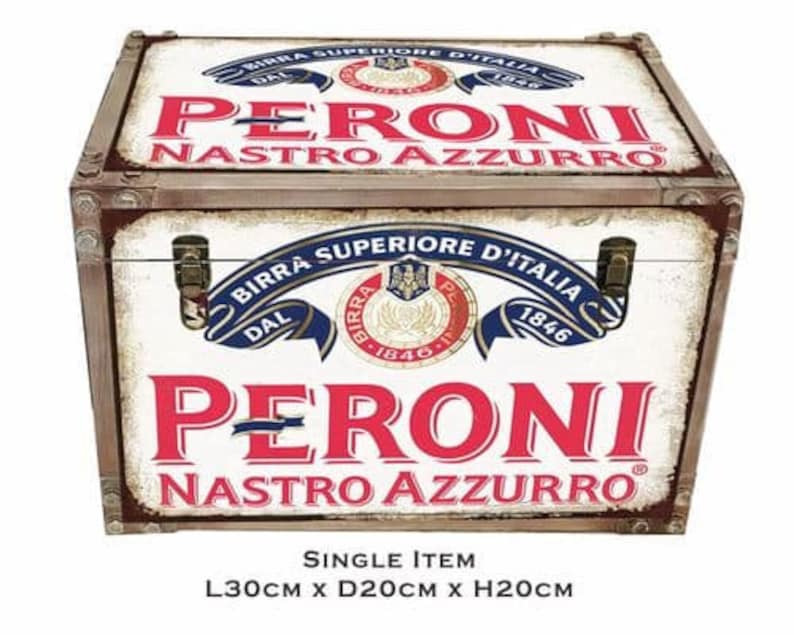 May include: A vintage-style wooden storage box with a white background and a red, white, and blue Peroni Nastro Azzurro logo. The box is 30 inches long, 20 inches deep, and 20 inches high.