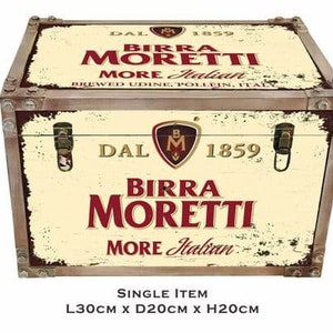 May include: A vintage-style wooden storage box with a distressed finish. The box features a red and white logo for Birra Moretti, an Italian beer brand. The box is 30 inches long, 20 inches deep, and 20 inches high.