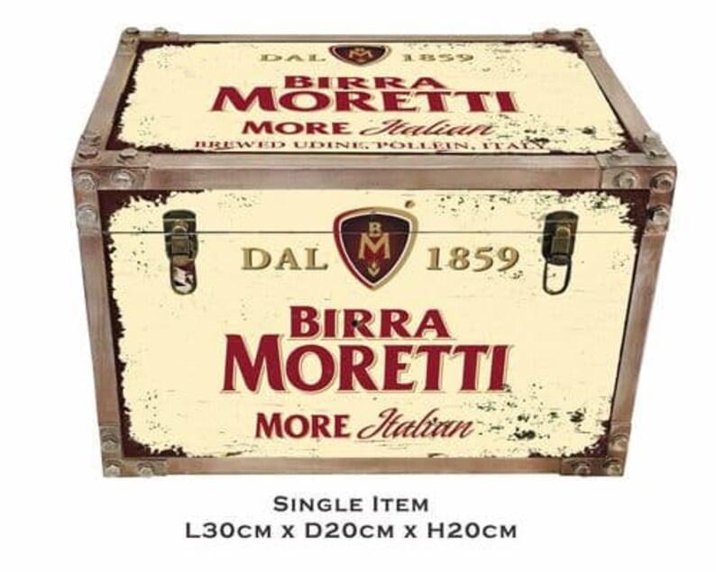 May include: A vintage-style wooden storage box with a distressed finish. The box features a red and white logo for Birra Moretti, an Italian beer brand. The box is 30 inches long, 20 inches deep, and 20 inches high.