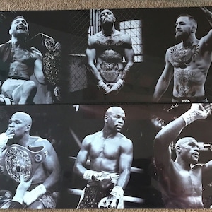 Peut inclure: Impressions en noir et blanc représentant des athlètes de sports de combat et de boxe. Les images présentent des clichés d'action des athlètes dans diverses poses, notamment en tenant des ceintures de champion et en célébrant des victoires. Les impressions sont affichées côte à côte.