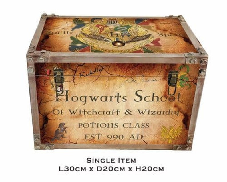 May include: A wooden storage trunk with a Hogwarts School of Witchcraft and Wizardry design. The trunk is decorated with a map of Hogwarts, the Hogwarts crest, and the words "Potions Class" and "Est 990 AD". The trunk measures 11.8 inches long, 7.9 inches wide, and 7.9 inches high.