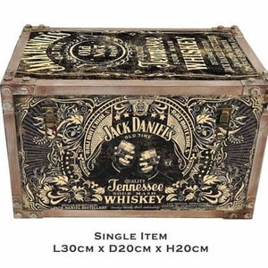 May include: A wooden storage box with a vintage Jack Daniel's Tennessee Whiskey label. The box is brown with a distressed finish and measures 11.8 inches long, 7.9 inches deep, and 7.9 inches high.