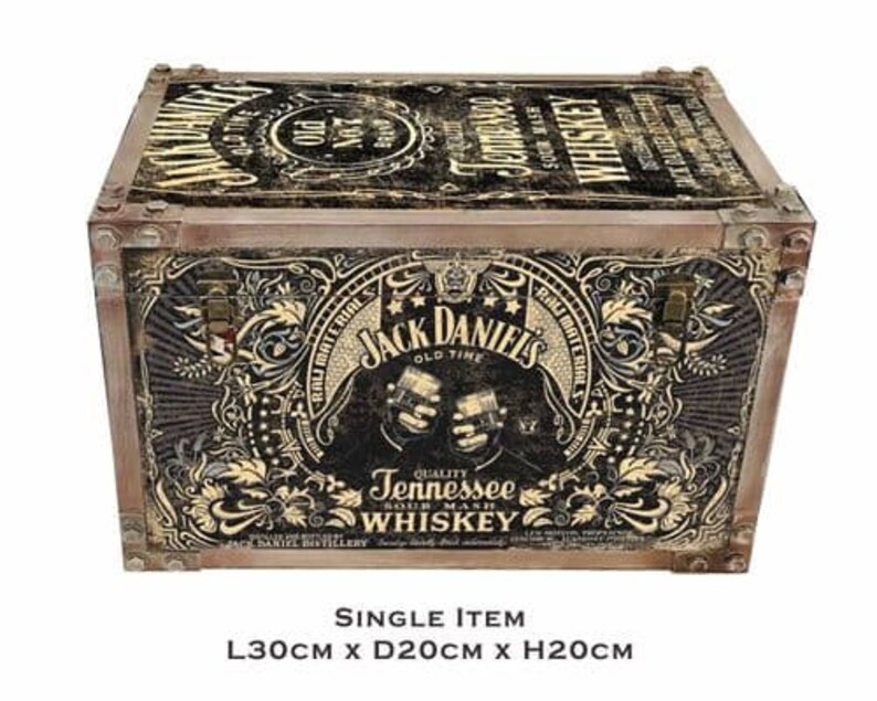 May include: A wooden storage box with a vintage Jack Daniel's Tennessee Whiskey label. The box is brown with a distressed finish and measures 11.8 inches long, 7.9 inches deep, and 7.9 inches high.