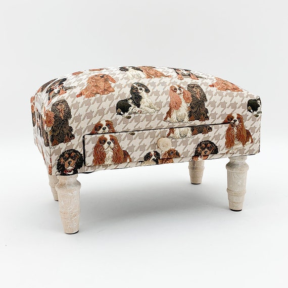 A Lovely Collection of Footstools With Drawer, Tweed Wool Fabric 