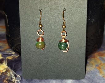 Handmade Copper Wire-Wrapped Green Stone Earrings – Boho Crystal Jewelry