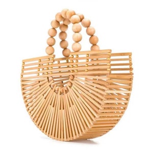 Womens Bamboo Handbags with Wooden Beads Tote Bag Handmade Straw Bag for Summer Beach