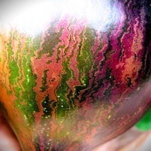 May include: Close-up of a colorful tomato with a unique pattern. The tomato's skin displays a blend of green, red, orange, and purple hues, creating a marbled effect. The image highlights the natural beauty and vibrant colors of the produce.