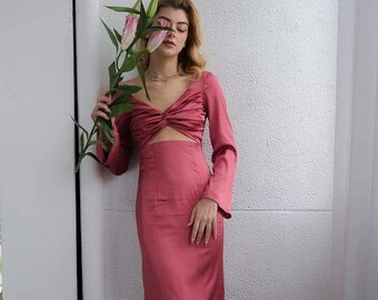 Tie Back and Twist Front Silk Midi Dress with Long Sleeves and Split Back