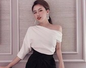 One Shoulder Silk Crop Top - Loose Formal Blouse Women - Elegant Silk Shirt - Minimal Blouse - Office Shirt for Women