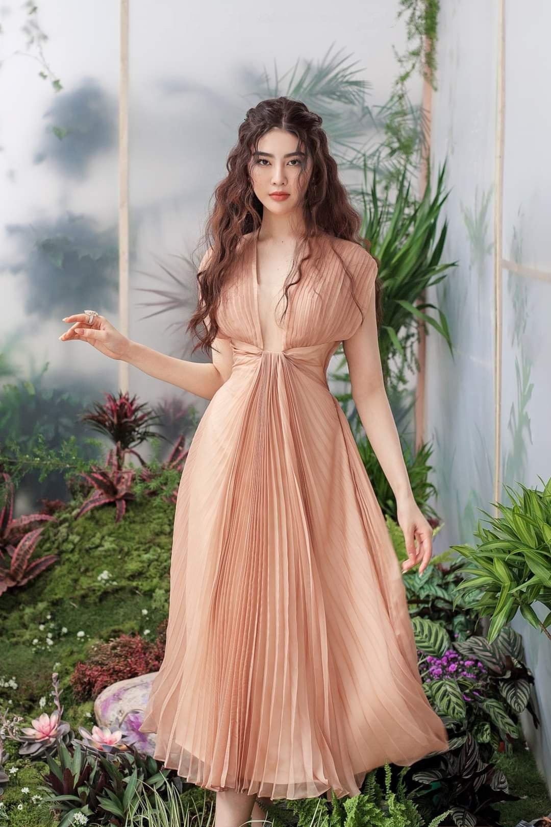 Pleated Silk Midi Dress in Coral 
